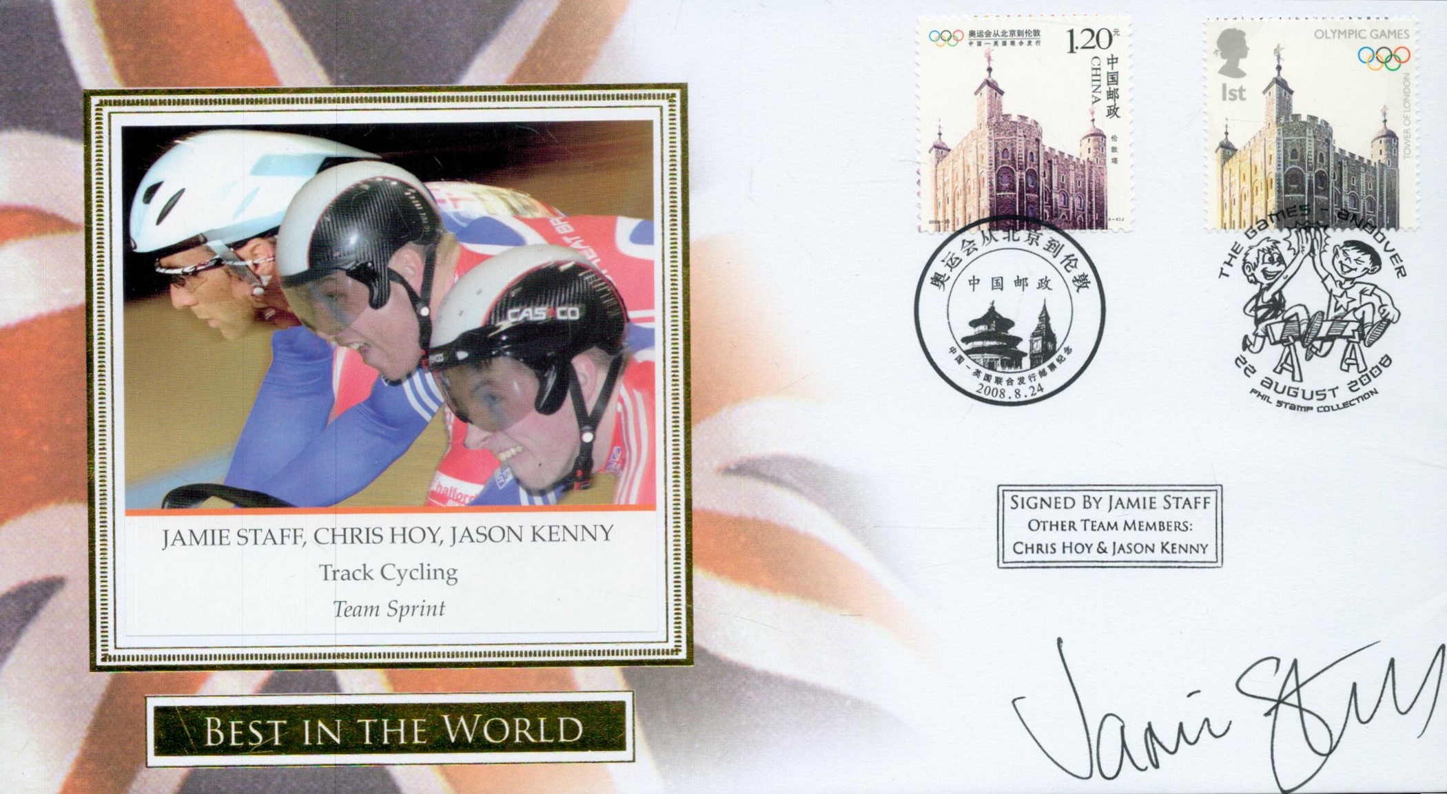Jamie Staff (Track cycling team sprint) signed Best in the World Beijing Olympic games FDC. Double