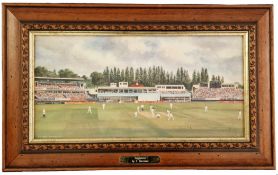 Cricket 21x14 inch overall vintage colour original painting picturing Edgbaston cricket ground by