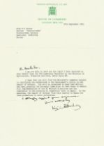 Virginia Bottomley TLS on House of Commons headed paper dated 27th September 1991. Letter