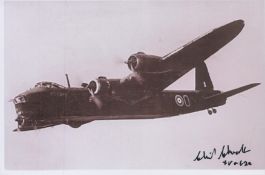 WW2 W/O Cecil Chandler 15 sqn signed 6 x 4 inch Short Stirling in flight picture. Bomber Command