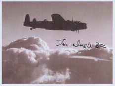 WW2 W/O Jim Wright DFC 61 sqn signed 6 x 4 inch Lancaster in flight picture. Bomber Command veteran.