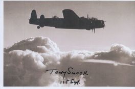 WW2 Flt Sgt Tony Snook 115 sqn signed 6 x 4 inch Lancaster in flight picture. Bomber Command