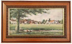 Cricket 21x14 inch overall vintage colour original painting picturing Village cricket match by the
