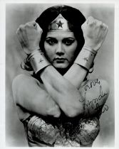 Lynda Carter signed Wonder Woman 10x8 inch black and white photo. Good condition. All autographs