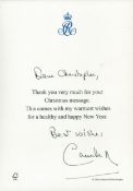 Queen Camilla signed 8x6 inch inscription sending good wishes for Christmas and the new year on