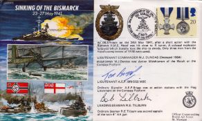 WW2 HMS Hood survivors Ted Briggs and Bob Tilburn signed 50th ann Sinking of the Bismarck cover.