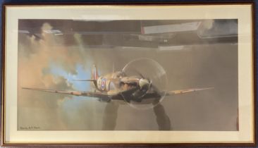 WW2 Spitfire Colour Print by Barrie F Clark, Housed in a Wooden Frame Measuring 39 x 23 inches