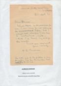 RAF WAR ARTIST: Handwritten letter, 6x8 inches dated April 1947, written and signed by Alfred R