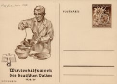 Unused November 1938 Winter relief Postcards, and the cachet depicting a woman serving stew, were