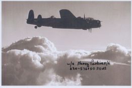 WW2 W/O Harry Parkins 630 sqn signed 6 x 4 inch Lancaster in flight picture. Bomber Command veteran.