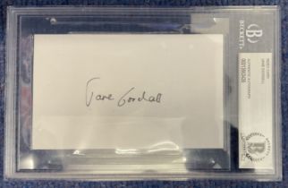 Jane Goodall signed 5x3 inch index card in clear display case. Good condition. All autographs come