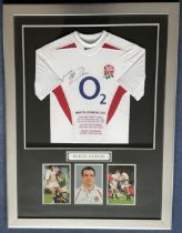 Martin Johnson 49x37 inch approx mounted and framed commemorative England shirt highlighting the