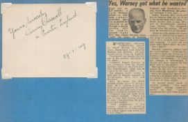 Football Warney Cresswell signed 6x4 vintage album page dated 29.1.49 attached to blue card with