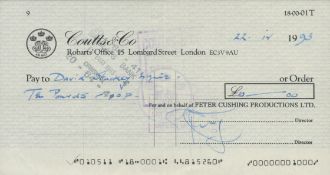 Peter Cushing signed Coutts and Co vintage cheque dated 1993. Was an English actor. His acting