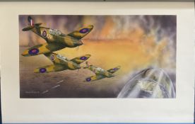 Artist Dave Evans Colour Spitfires In Action Print Measures 16 x 11 inches Approx Overall. Rolled.