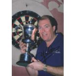 John Lowe signed 12x8 inch colour photo great image of three time world champion holding the world