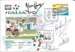 England Internationals signed Italia 90 FDC. Signed by Peter Reid, Glen Hoddle, Bryan Robson, Ray