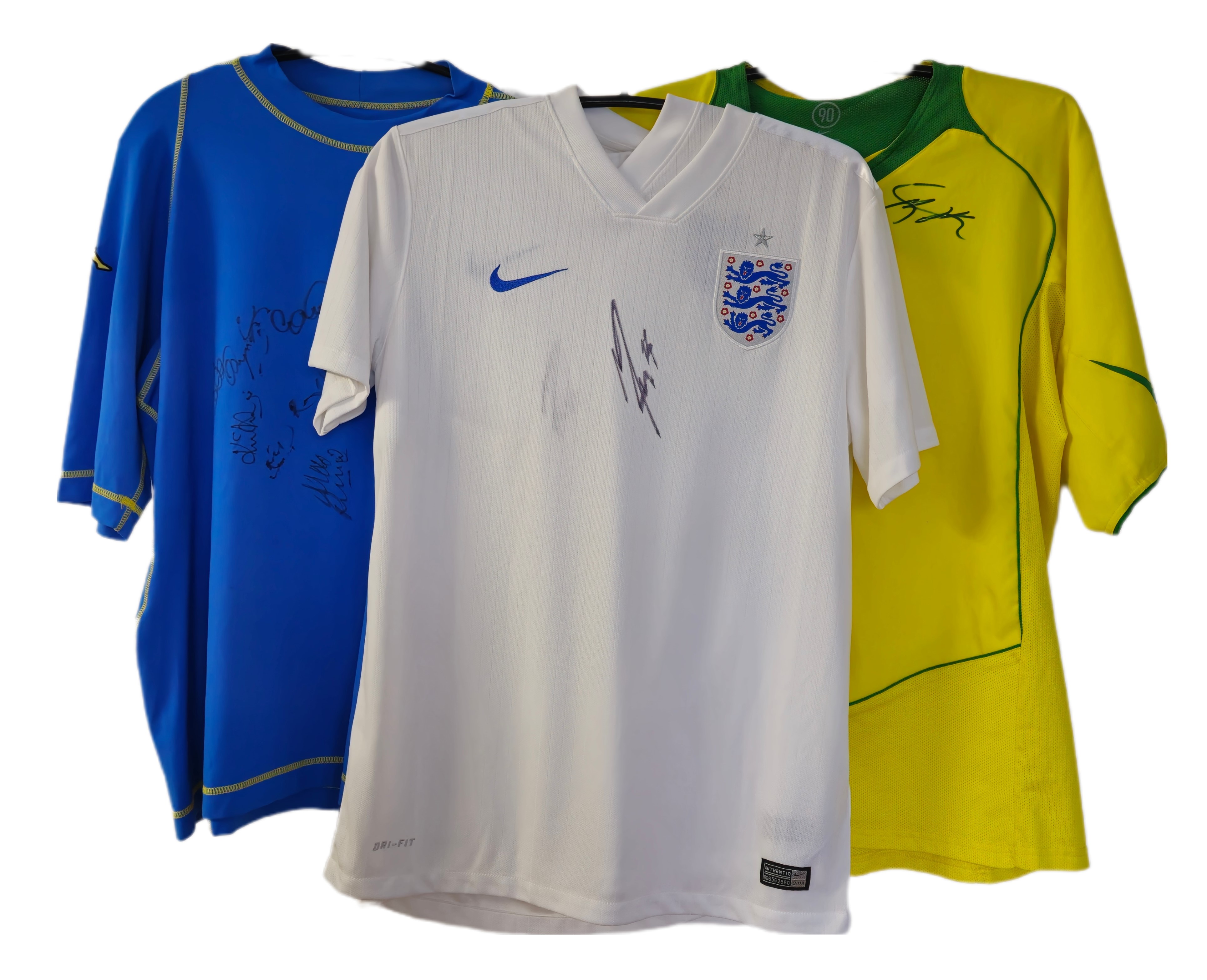 Football International Shirt collection of 3 signed shirts. England, Brazil and Wales. Good