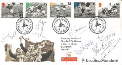 Football Legends multi-signed FDC. Signed by David Craig, Albert Stubbins, Jim Scott, Tommy Gibb,