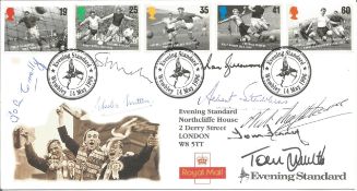 Football Legends multi-signed FDC. Signed by John Connelly, Stanley Matthews, Charles Mitten,