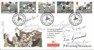 Football Legends multi-signed FDC. Signed by George Cohen, Gordon Banks, Tom Finney, Nat