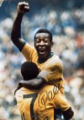 Pele signed 16x12" colour photo pictured celebrating for Brazil during the 1970 World Cup Finals.