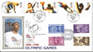 Jonathan Edwards signed Centenary of Olympic Games FDC.9/7/96 London FDI postmark. Good condition.