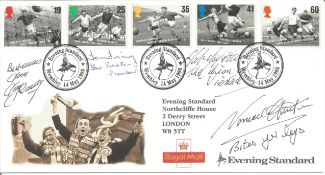 Tom Finney, Nat Lofthouse, Norman Hunter and Tommy Docherty signed Football Legends FDC.14/5/96