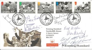 Len Shackleton, Ray Wood, Nat Lofthouse and Charlie Hurley.14/5/96 Wembley postmark. Good condition.