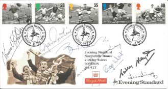 Football Legends multi-signed FDC. Signed by Norman Hunter, Alan Gowling, Bobby Charlton, Warren