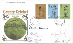 County Cricket multi-signed FDC. Signed by Ian Botham, David Gower, Godfrey Evans, Alan Knott and