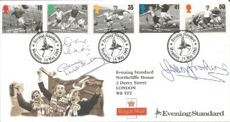 Football multi-signed Football Legends FDC. Signed by Dave Setton, Dave Mackay and Trevor Brooking.