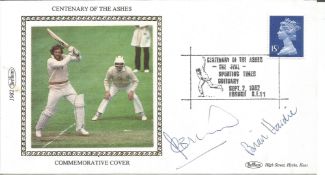 Brian Hardie and Ian Botham signed Centenary of the Ashes Benham small silk FDC. Good condition. All