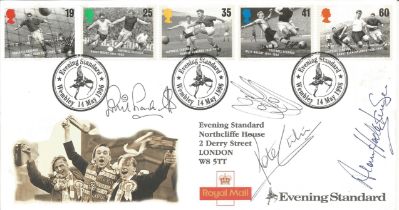 Football Legends multi-signed FDC. Signatures include George Hardwick, Phil Parkes, Alan Hodgkinson,