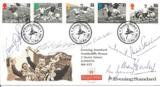 Football Legends multi-signed FDC. Signed by Ron Greenwood, Nat Lofthouse, Albert Stubbins,