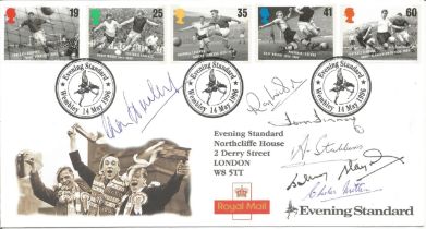 Football multi-signed FDC. Signatures include Charlie Hurley, Ray Wilson, Tom Finney, Albert