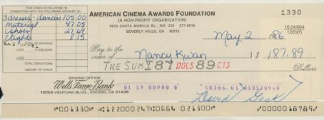 David Guest signed American Cinema Awards Foundation cheque dated 2nd May 86 to Nancy Kwan