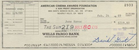 David Guest signed American Cinema Awards Foundation cheque dated Feb 24, 1989, to actress June