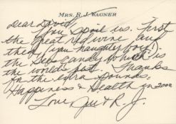Jill St John handwritten card to David Guest on Mrs R.J Wagner headed card. Good Condition. All