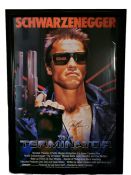 Arnold Schwarzenegger and James Cameron signed Terminator frame movie poster 42x31 inch approx. Good