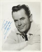 Glenn Ford signed 10x8 inch black and white photo. Dedicated. Good condition. All autographs come