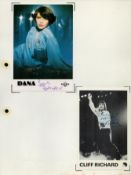Cliff Richard signed 5.5x3.5 inch black and white photo on A4 sheet accompanied by Dana signed 6x4