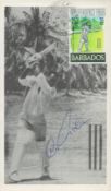 Gary Sobers signed Barbados 1966 maximum black and white card. 1 stamp 1 postmark. Good condition.