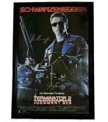 Arnold Schwarzenegger and James Cameron signed Terminator 2: Judgment Day frame movie poster 42x31
