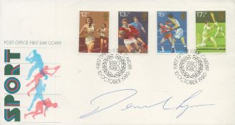 Desmond Lynam signed Post Office Sport FDC 4 stamps and 2 postmarks. 10 Oct 1980. Good condition.
