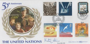 Kate Adie signed 50th Anniversary The United Nations Benham FDC double PM 50th Anniversary The