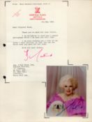Dame Barbara Cartland signed 4x5 inch colour photo attatched to A4 sheet with TLS dated 1982. Good