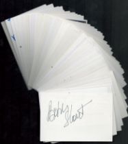 Entertainment collection of 50 signed white cards with signatures of Sham 69, Savoy Brown, Saw