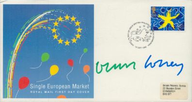 David Hockney, artist. A signed (in green and blue ink) 1992 Single European Market FDC. The stamp