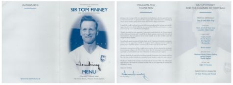 English Football Legend Sir Tom Finney Personally Signed Dinner Menu from 9/3/06 at Preston North